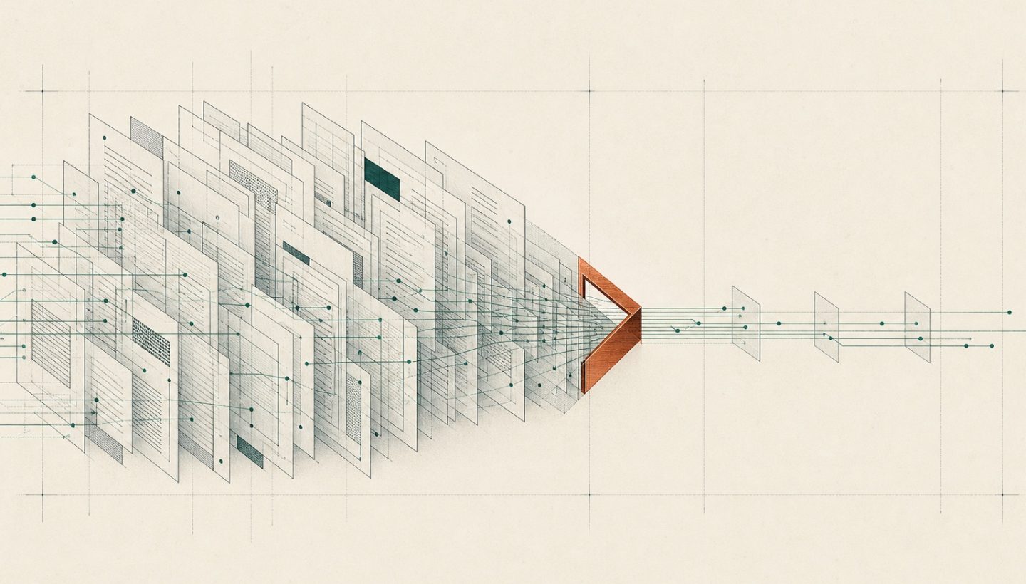 Abstrakte Prozessgrafik: Dokumente und Datenwege stauen sich vor einem Engpass und fließen danach geordnet weiter.