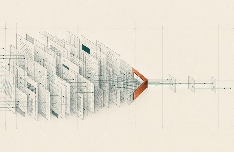 Abstrakte Prozessgrafik: Dokumente und Datenwege stauen sich vor einem Engpass und fließen danach geordnet weiter.