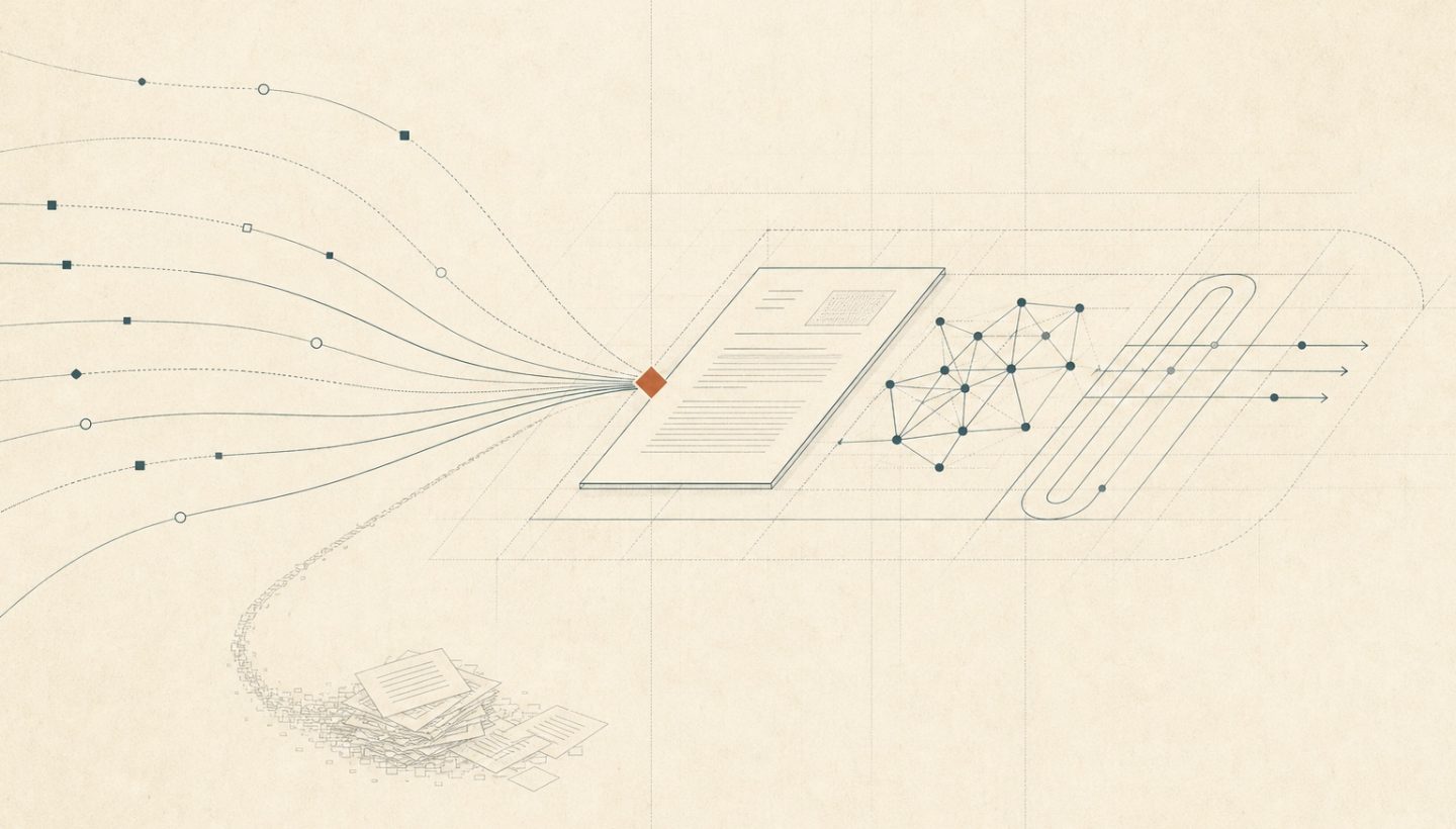 Abstrakte Prozessgrafik: Viele Wege führen in eine moderne Arbeitsumgebung aus Dokument, Wissensnetz und geordnetem Workflow.