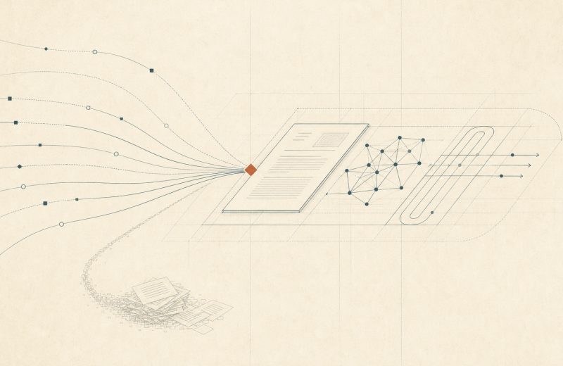 Abstrakte Prozessgrafik: Viele Wege führen in eine moderne Arbeitsumgebung aus Dokument, Wissensnetz und geordnetem Workflow.