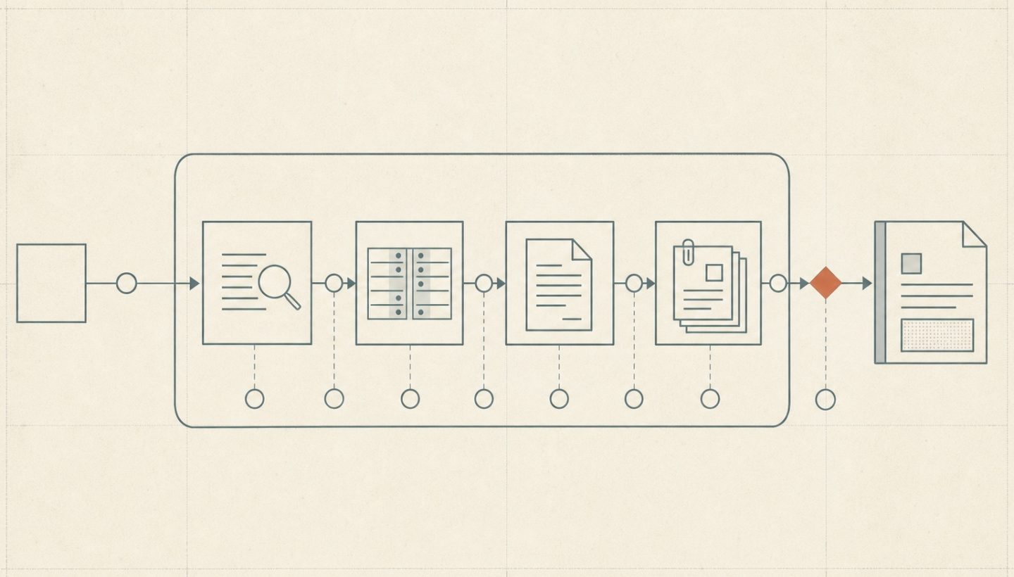 Abstrakte Prozessgrafik: Ein Auftrag durchläuft mehrere begrenzte Arbeitsschritte und einen sichtbaren Freigabepunkt bis zum prüfbaren Ergebnis.