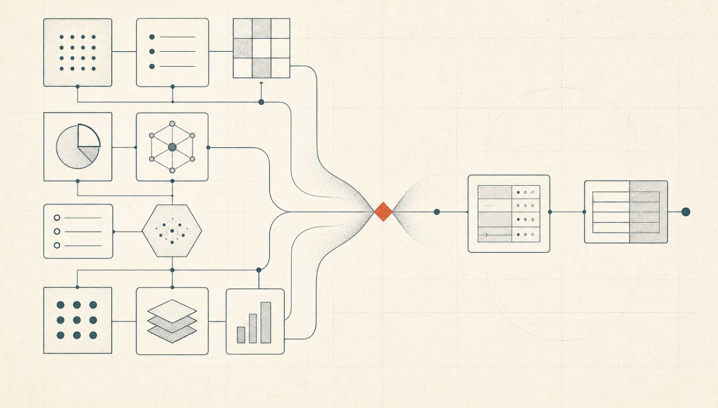 Abstrakte Prozessgrafik: Viele fertige Legal-Tech-Module verengen sich an der operativen Umsetzung zu einem wirksamen Arbeitsablauf.