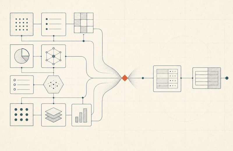 Abstrakte Prozessgrafik: Viele fertige Legal-Tech-Module verengen sich an der operativen Umsetzung zu einem wirksamen Arbeitsablauf.