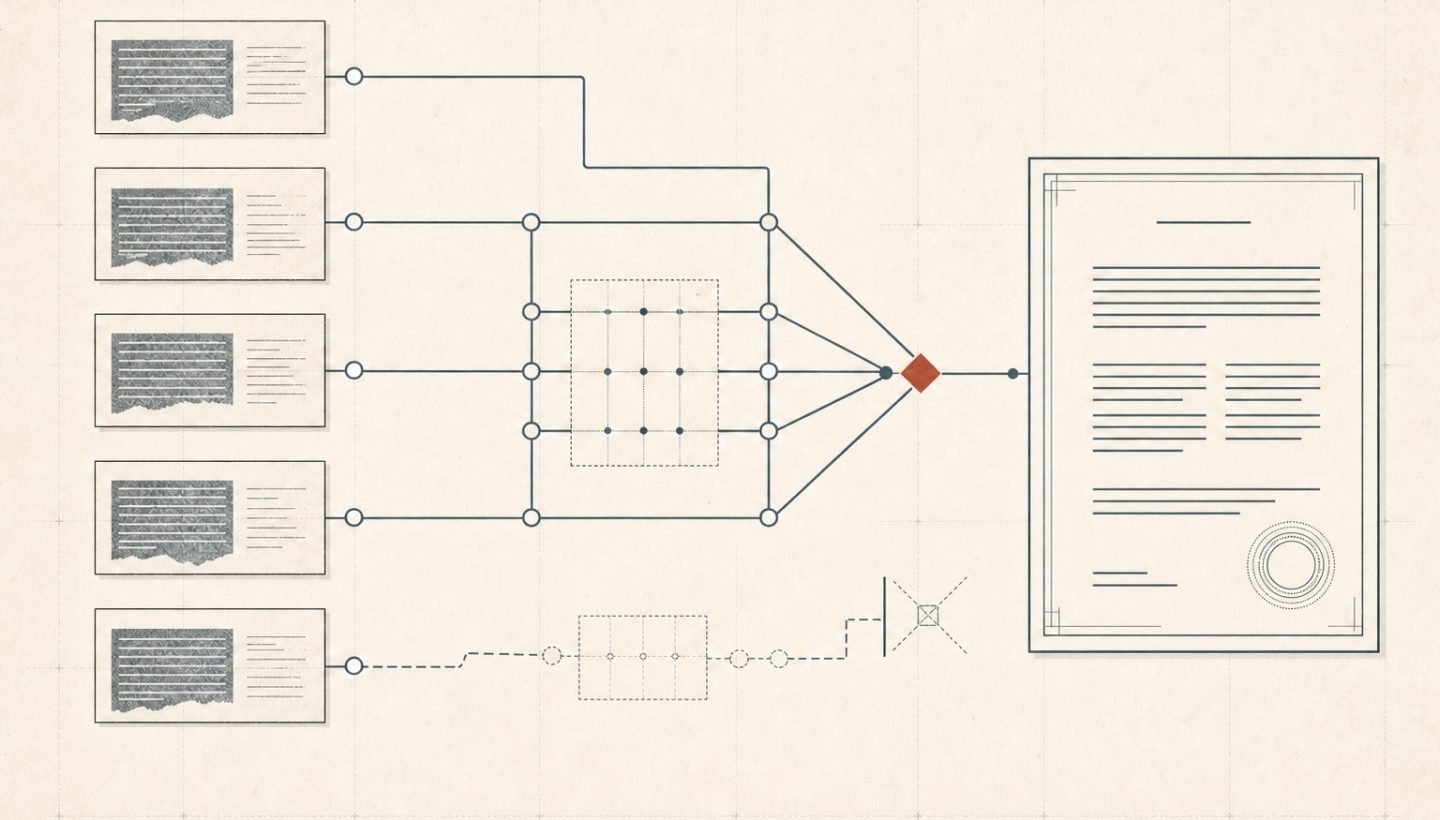 Abstrakte Prozessgrafik: Mehrere Quellen führen über eine überprüfbare Belegkette zu einem juristischen Ergebnis; ein unbelegter Pfad wird verworfen.