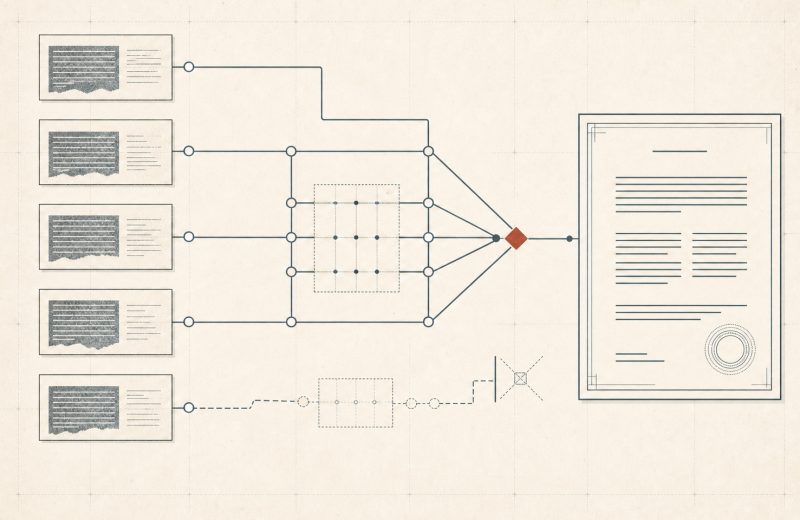 Abstrakte Prozessgrafik: Mehrere Quellen führen über eine überprüfbare Belegkette zu einem juristischen Ergebnis; ein unbelegter Pfad wird verworfen.